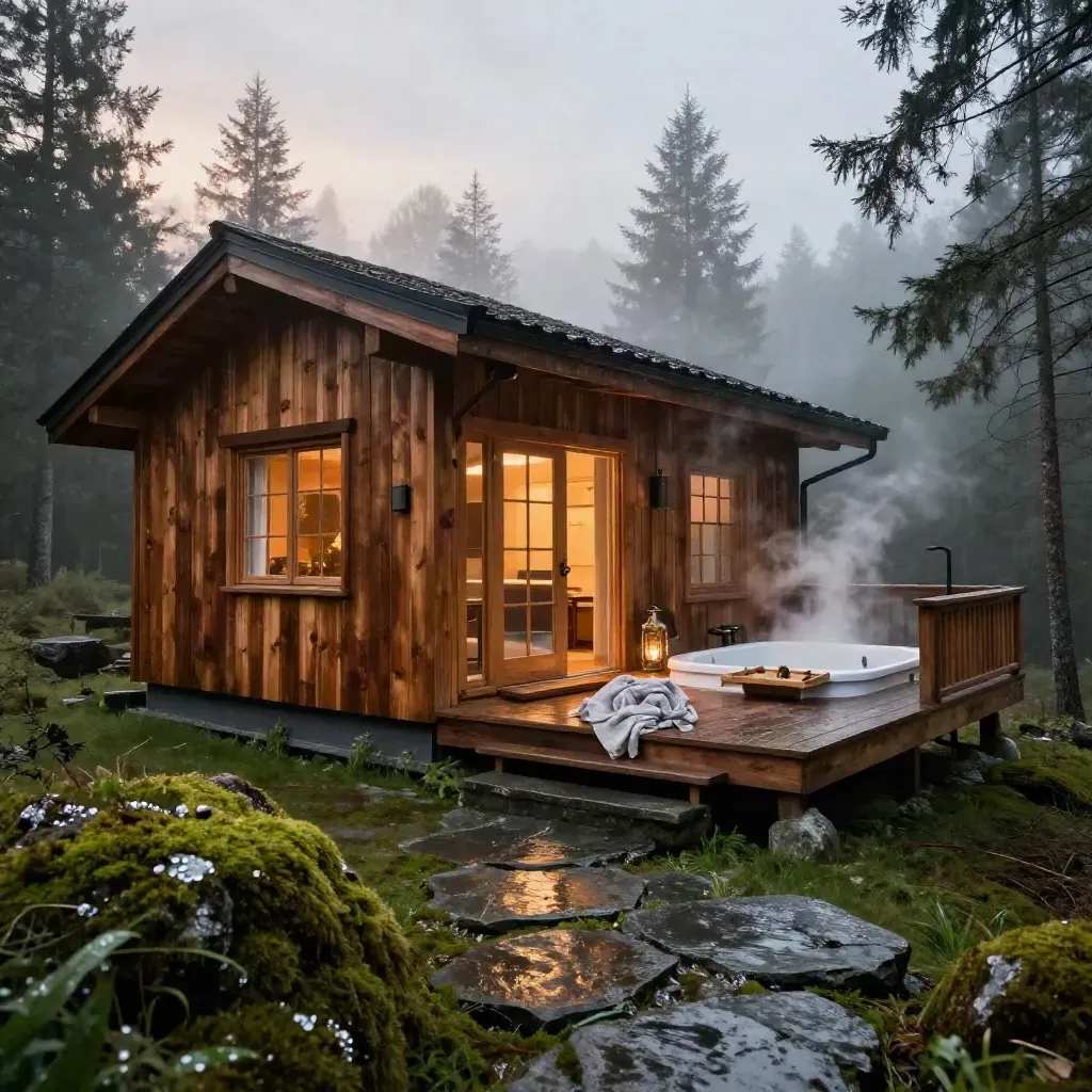 Cedar cabin retreat vignette with lit windows, wet moss, lantern, and rising steam