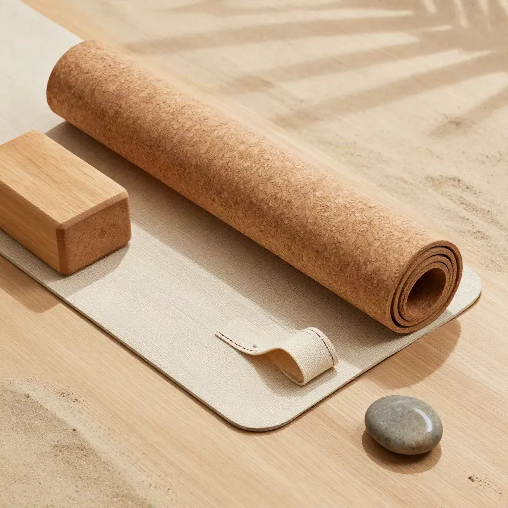 Overhead yoga pass still life with rolled cork mat, strap, block, and river stone on brushed wood.