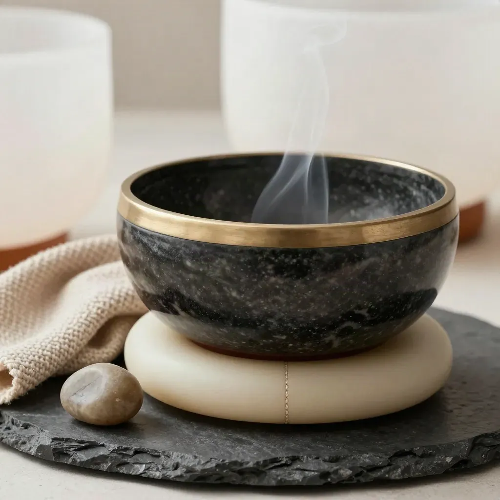 Stone singing bowl, folded shawl and cushion on dark stone with incense smoke.
