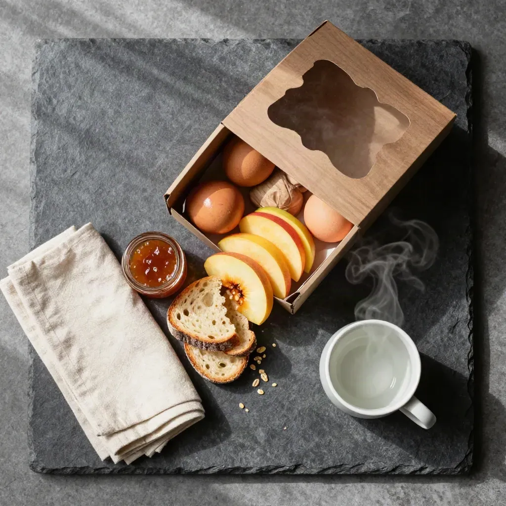 Overhead cabin breakfast box with eggs, fruit, bread, jam, napkin and cup.