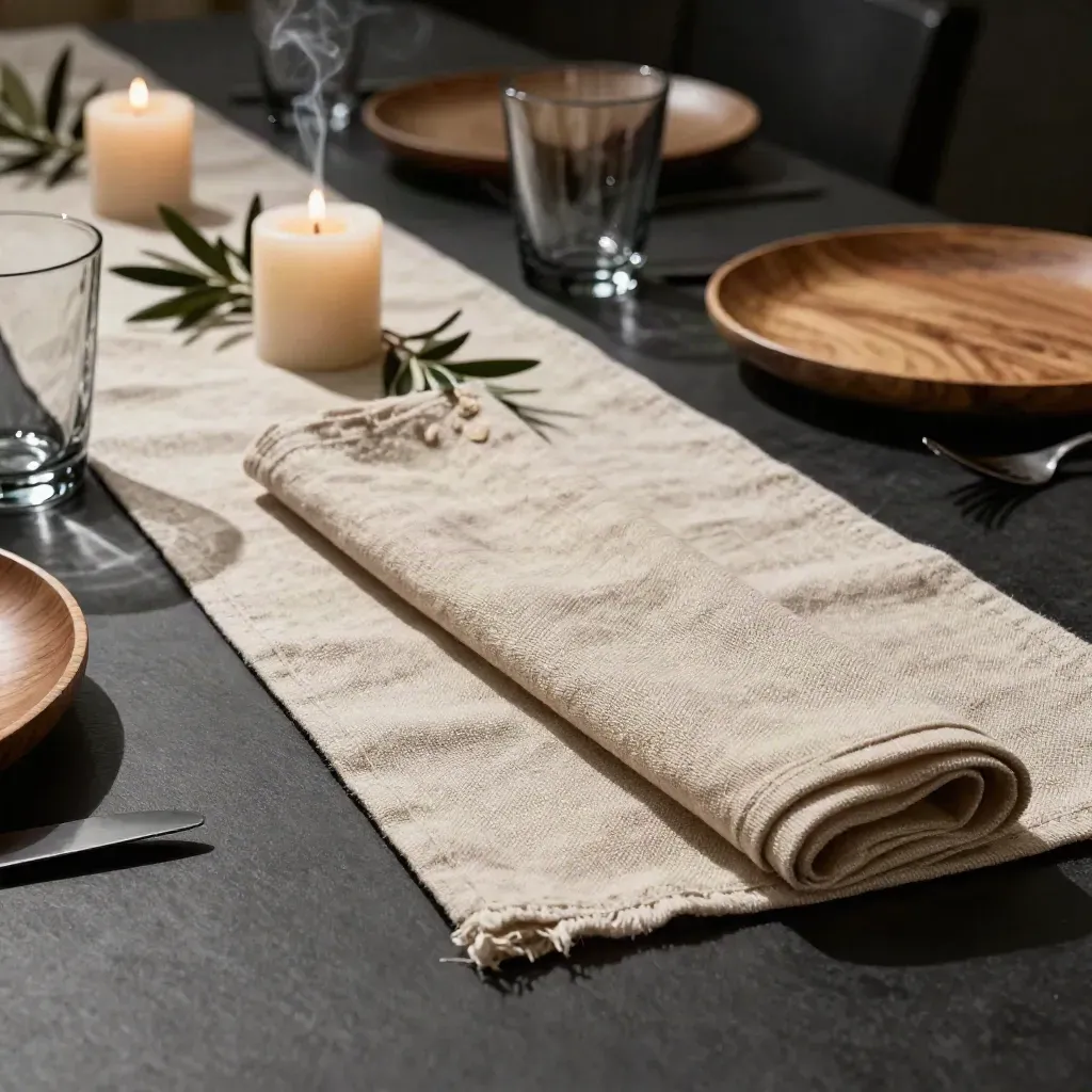 Dramatic tablescape with linen runner, votive candles, smoked glassware, and cedar place settings.