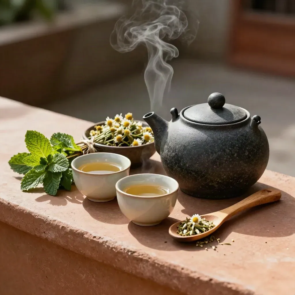 Stone tea set with steam, mint, chamomile, and cedar on a terracotta ledge