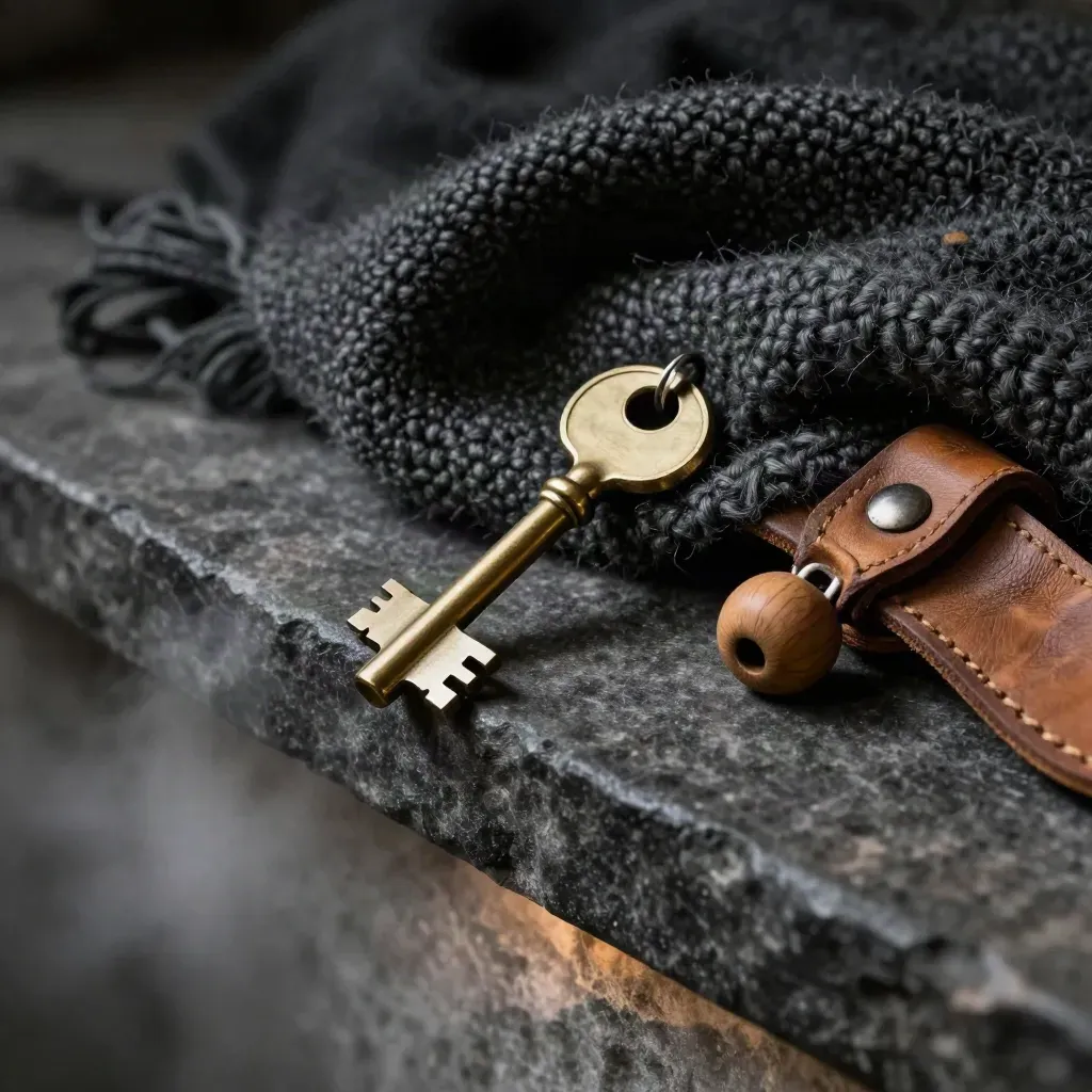 Cedar Cabin Night stay kit with brass key, wool blanket, leather strap, and wooden token on stone.