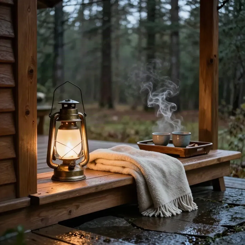 Steaming cabin porch at dusk with lantern, blanket, bath tray and warm cups.