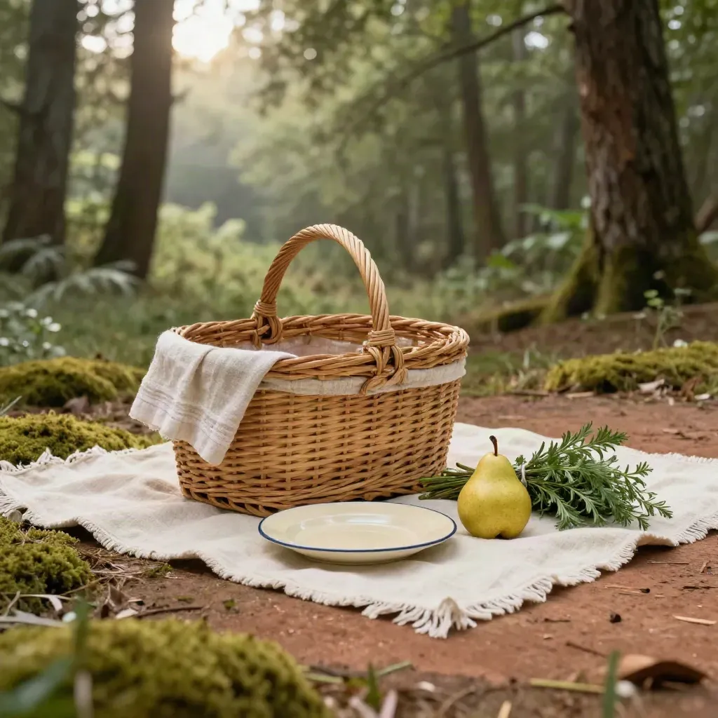 Picnic basket set with plate, pear and herbs on a mossy blanket in soft forest light