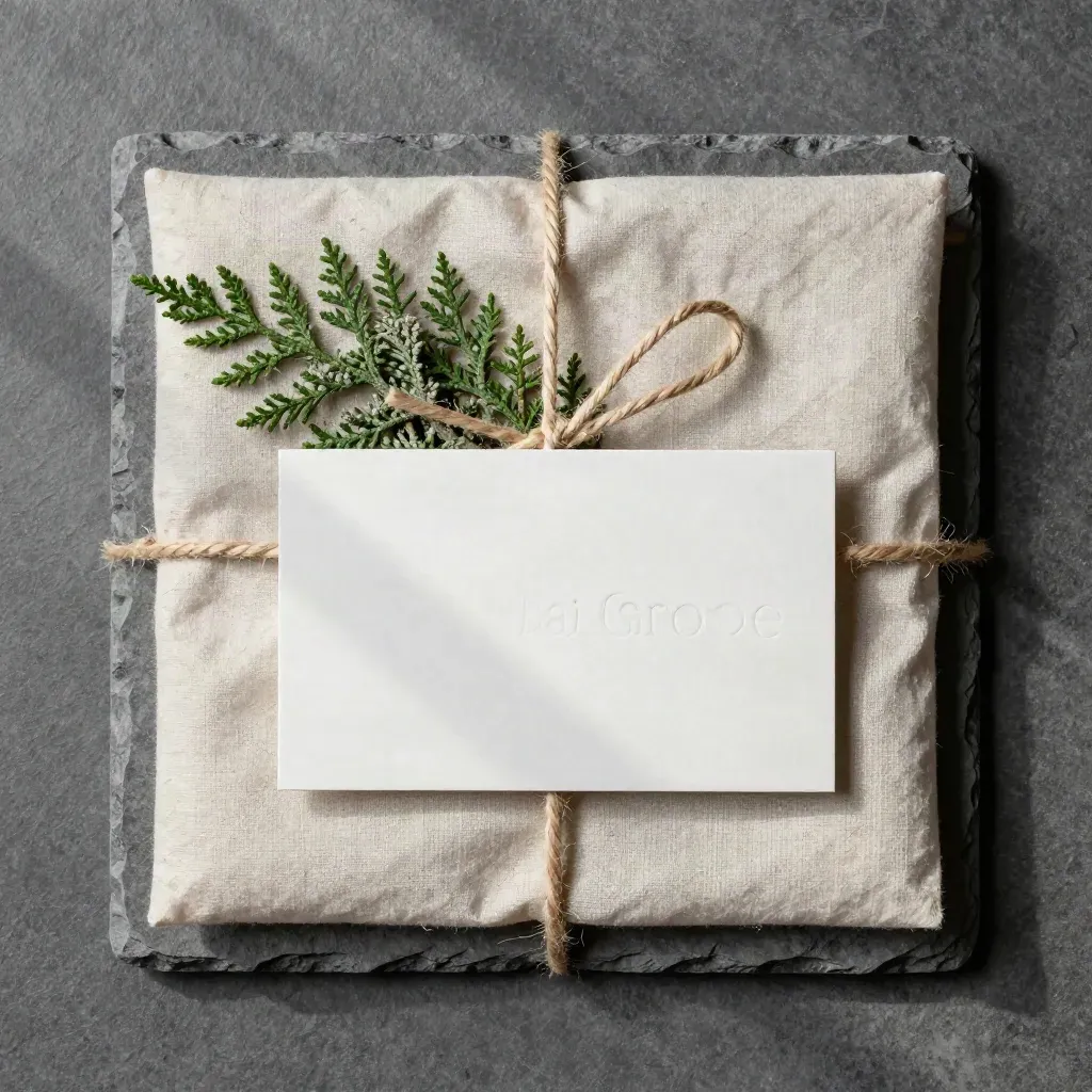 Blank gift card in linen sleeve with twine, paper wrap, cedar sprig on stone