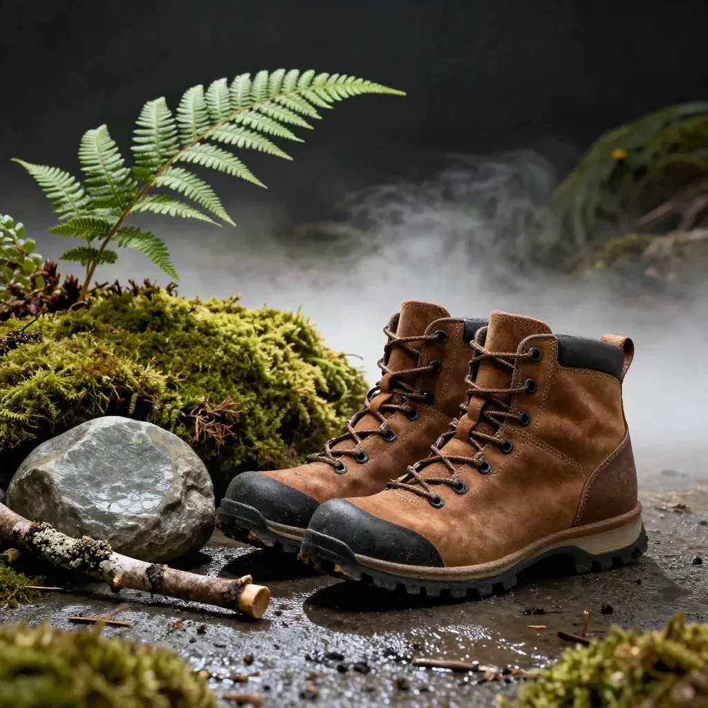 Cedar-brown trail boots pause on moss beside stone and fern, lit with misty forest-floor drama.