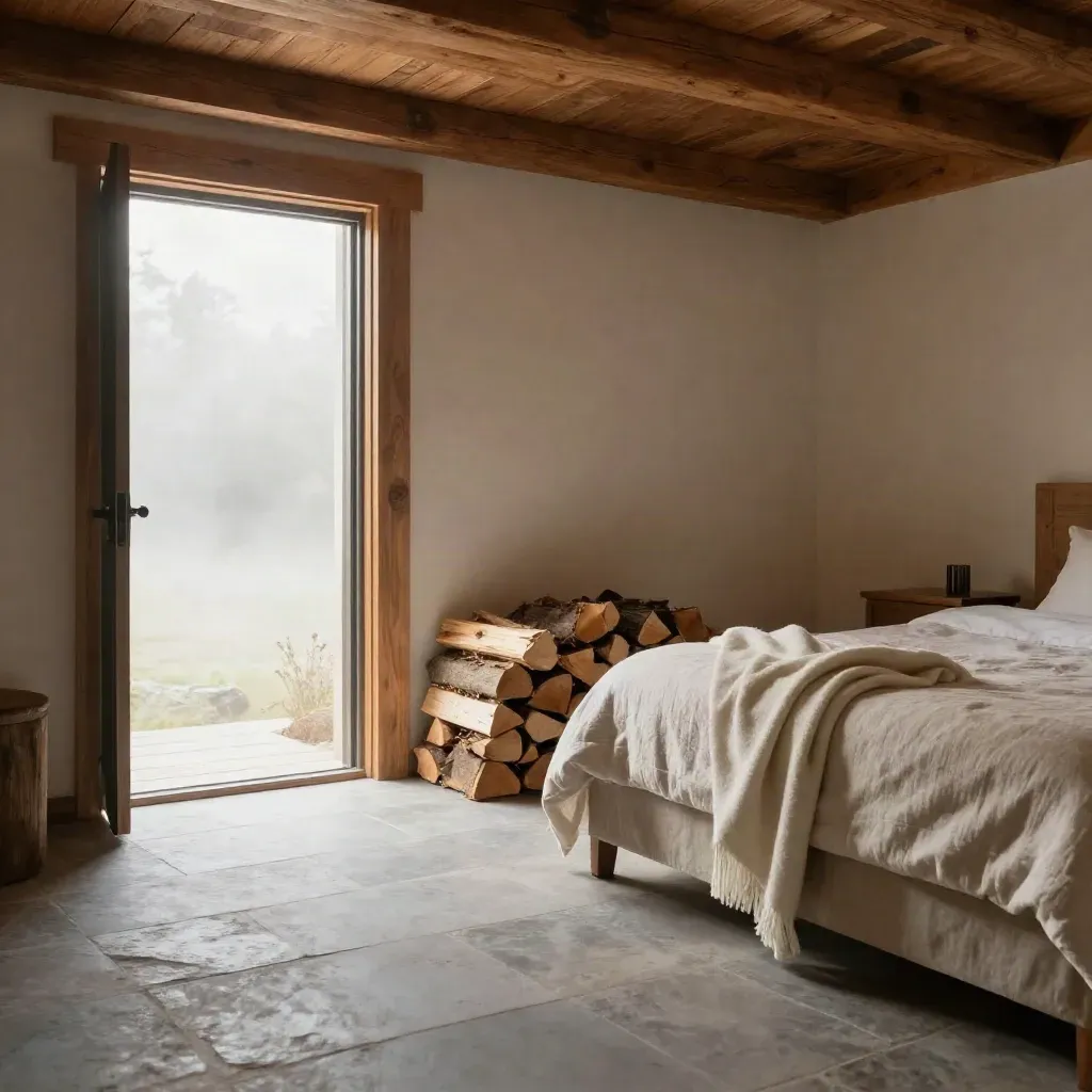Cedar lodge interior with firewood, wool throw, quilted bed edge, and misty doorway