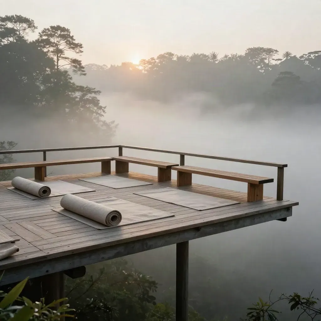 Foggy pine yoga deck at sunrise above a mist-filled forest canopy with mats and benches.