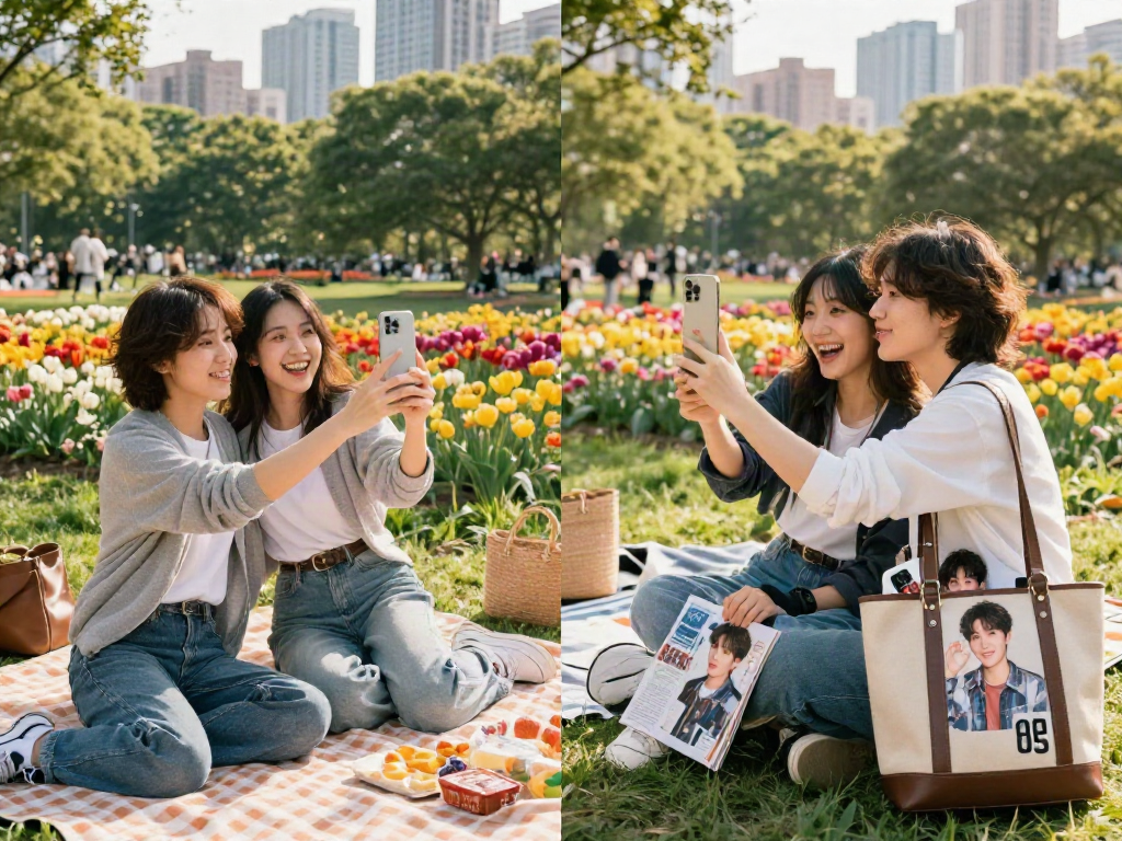 Friends enjoying a sunny day in the park, comparing celebrities look alike, vibrant flowers and city skyline in the background.